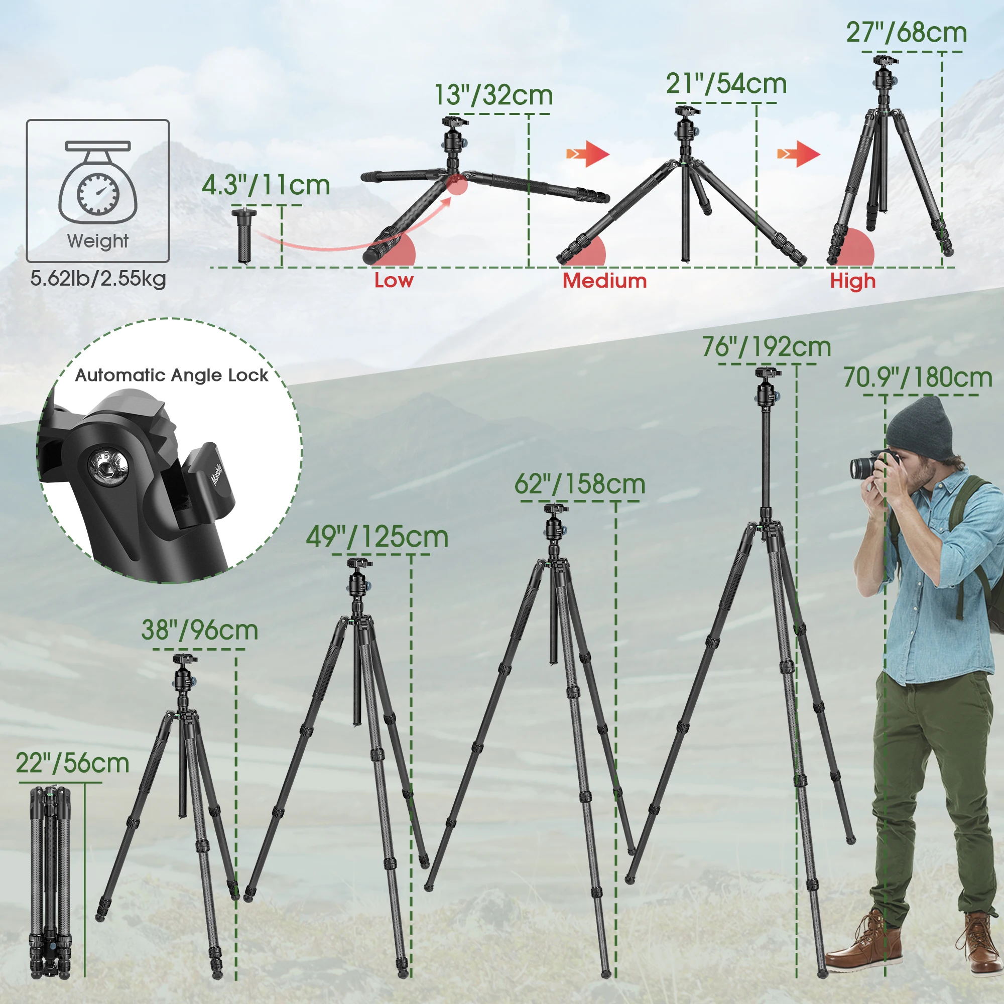 Manbily 4 Section Carbon Fibre Tripod 36mm Tube Camera Tripod with 44mm tripods head Arca Swiss QR Plate 1/4 Inch