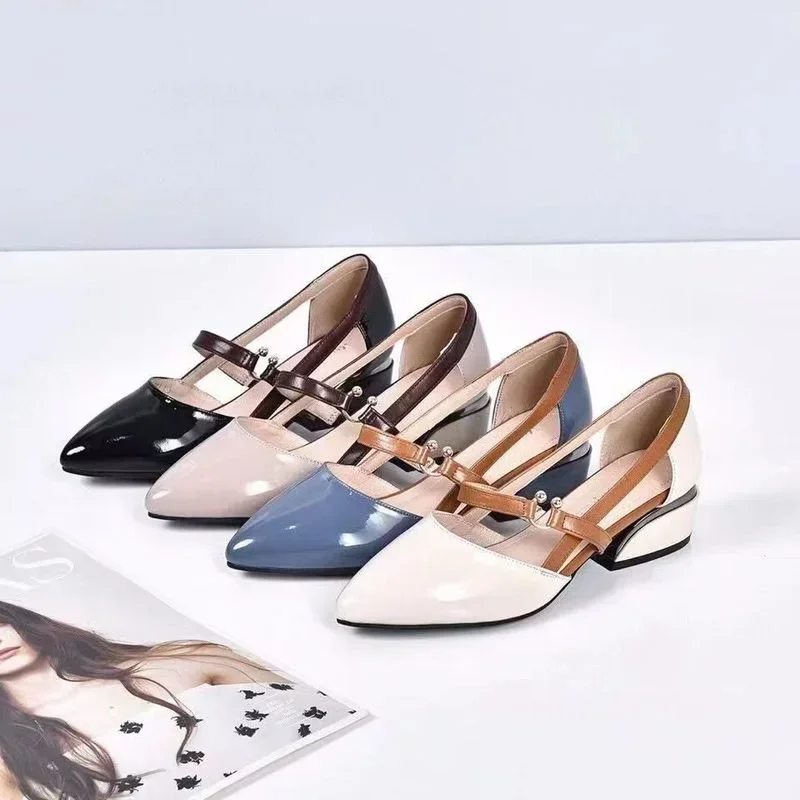 2023 Leather Soft Leather Sandals Women Summer Fashion Bag With Pointed Tip Lace Up Heels Thick And Low-Heel Hollow Work Shoes