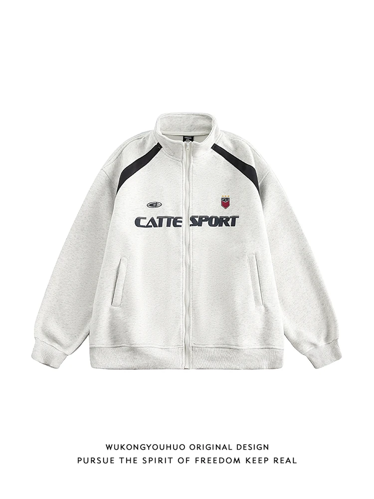 

Retro Printed Letter Sweatirt Cardigan ex Loose Sportswear Stand Collar Men's Faion Outerwear for Autumn Season