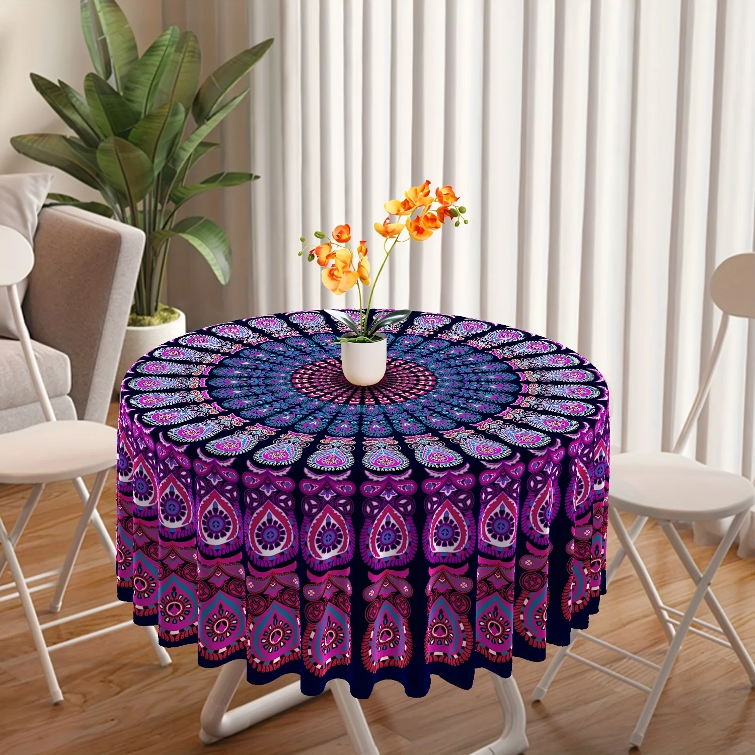 1pc Round Mandala Tablecloth 150CM Boho Ethnic Style Table Cloth Absorbent And Wrinkle Free Circle Table Cover for Home Kitchen
