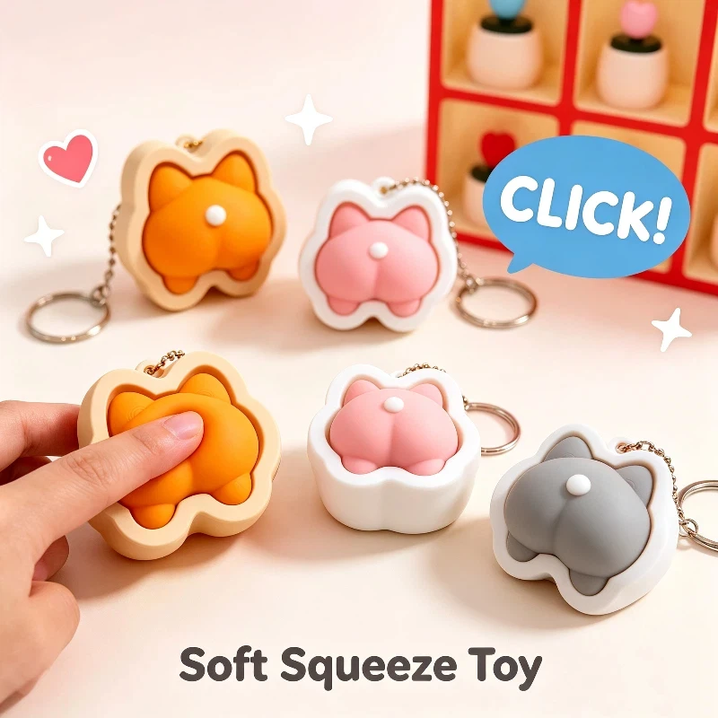 Finger Button Clicker Fidget Keychain Cartoon Animals Funny Cute Anti‑stress Squeeze Toy For Holiday Gifts Hot‑selling New