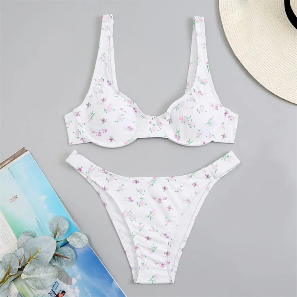 Conjunto de Bikini de 2 piezas para mujer, Bañador con estampado Floral, tirantes finos, sujetador acolchado, Tanga, traje de baño Sexy con hombros descubiertos, ropa de playa