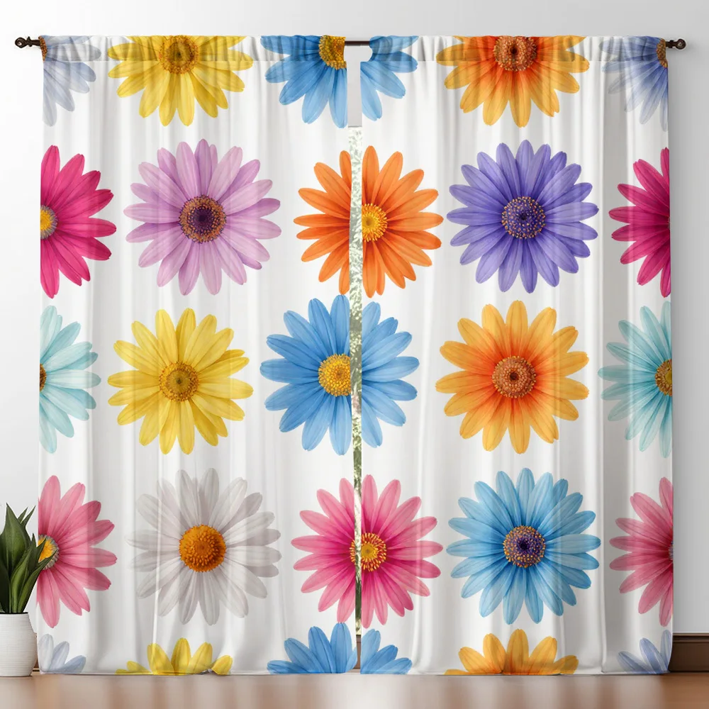 White Base Colorful Daisy Curtain Panels, Neat Grid Bright Bloom Minimal Floral Full Print Drapes For Cafe Apartment Decor