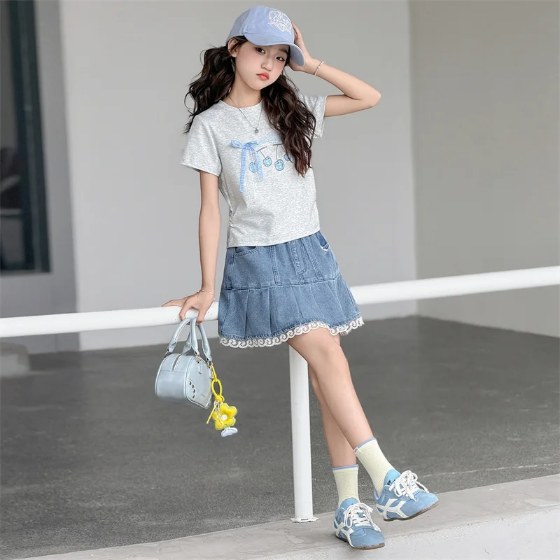 Summer Sweet Girls Clothing Sets Print Shorts+Lace Denim Skirt Two-Pieces Suits for School Teenager Girls 6 8 10 12 14 Years Old