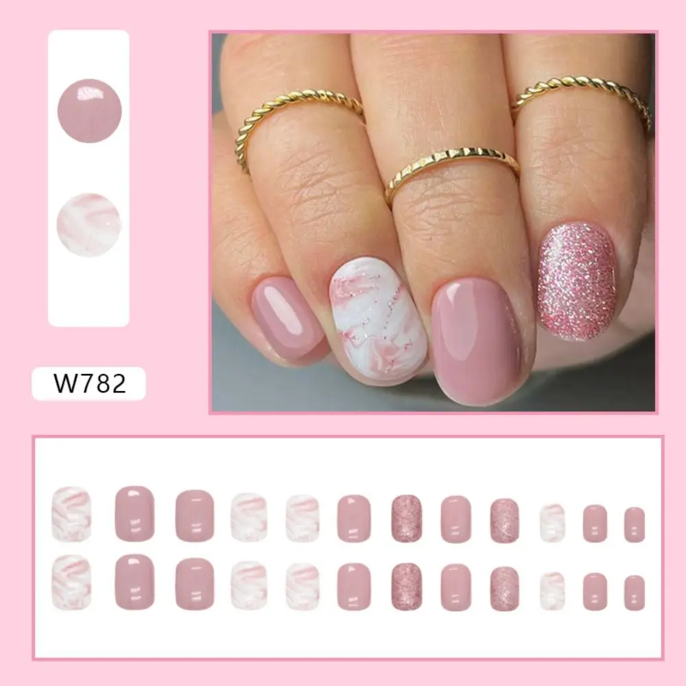 Detachable Short Round False Nails French Glitter Slices Fake Nails Full Cover Flowers Nail Tips for DIY