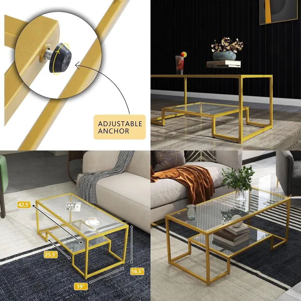 Gold Metal Frame 2-Tier Rectangular Glass Coffee Table for Small Spaces, Suitable for Living Room and Office