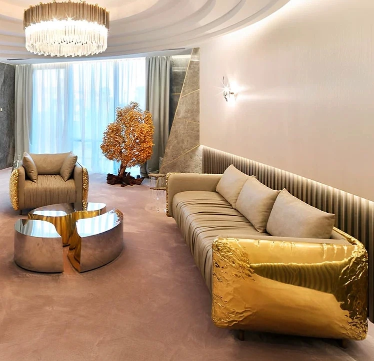 mz-Luxury Furniture Italian High-end Luxury Gold Stainless Steel Pattern Sofa Couch Living Room Sofa for Villa~