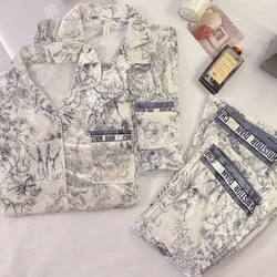 Autumn Winter Female Loungewear Sleepwear Trouser Suits New Velvet Couple Pajamas Set Fashion Print Flower Homewear Pyjama