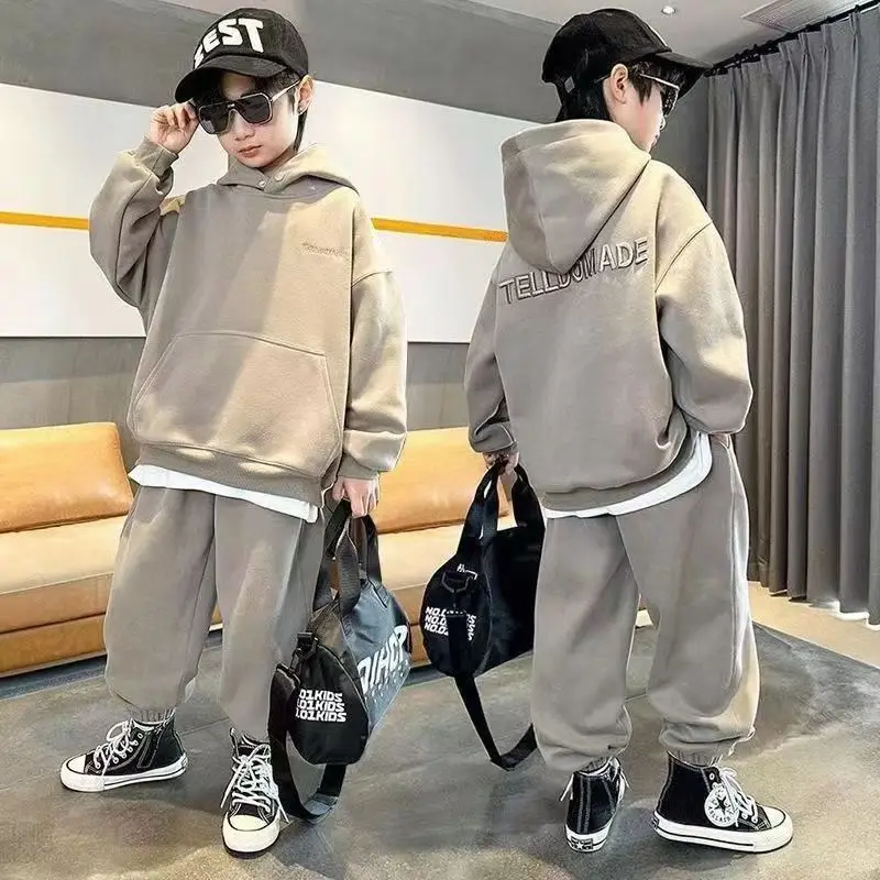 

Autumn Boys Casual Sweatshirt Suit Clothes Kids Embroidered Letters Hooded Top Long Pants 2 Piece Set