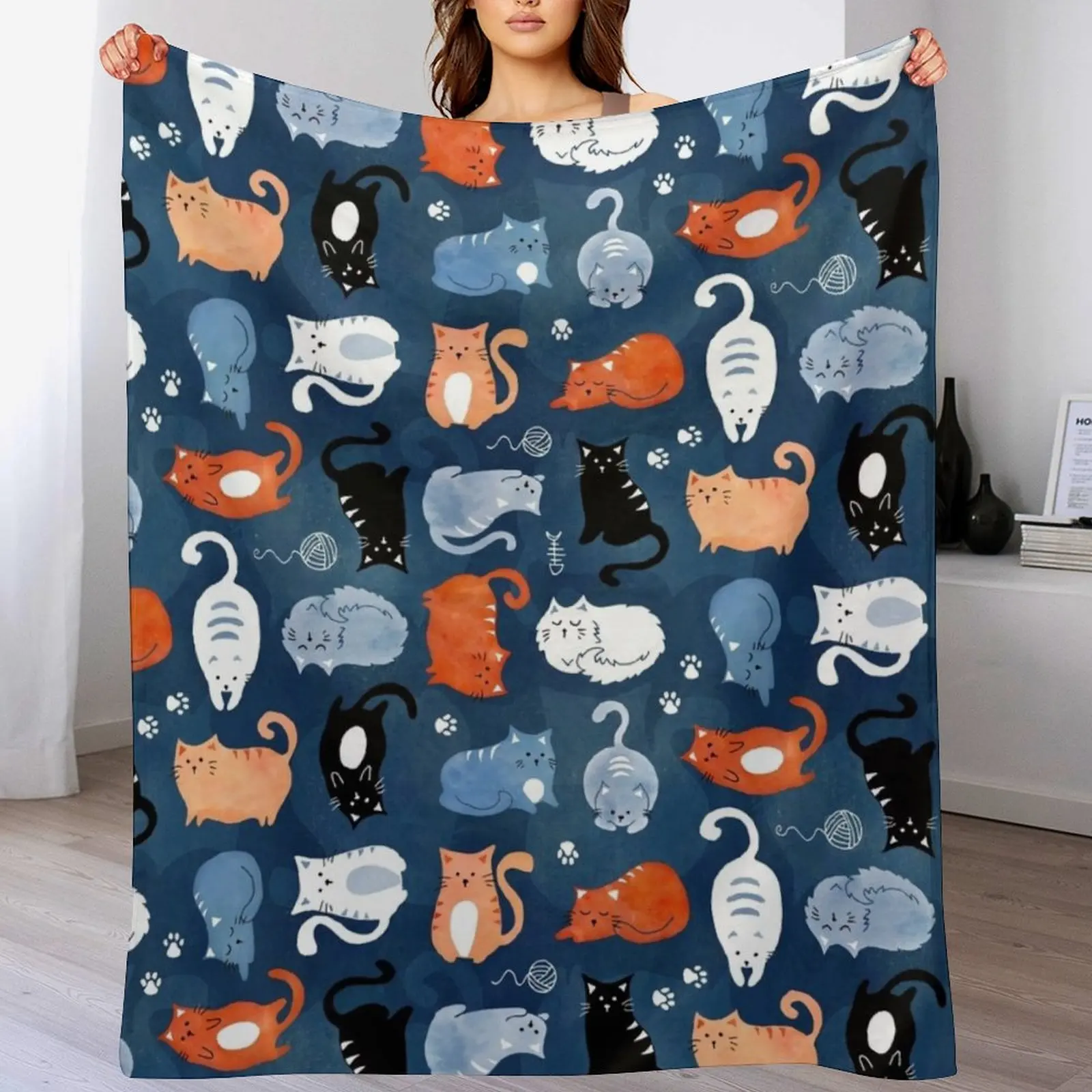 

Playful cat pattern in orange and blue watercolor Throw Blanket Sofa Quilt Bed Weighted Stuffeds Blankets