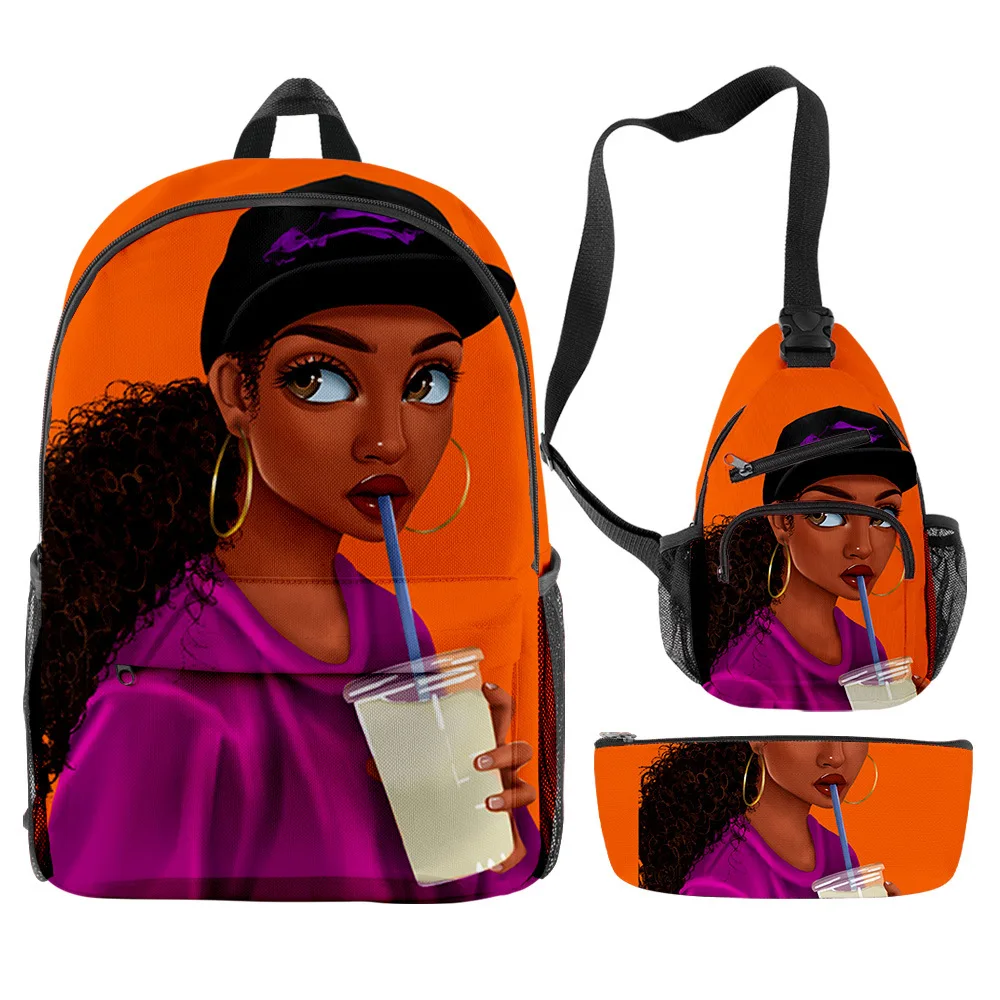 Classic Novelty Harajuku Cool African Girl 3D Print 3pcs/Set pupil School Bags Travel Laptop Backpack Chest Bag Pencil Case