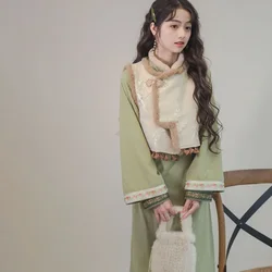 Autumn Winter Chinese Traditional Green Stand Collar Thickened Warm Cheongsam Dress Suit with Raw Edge Vest Women Modern Qipao