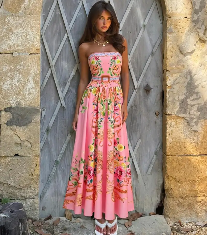 Flaxmaker Boho Pink Floral Print 2Pcs SwimSet Tie Shoulder One Piece Bathing Suit Long Beach Cover Up Skirt Vacation Swimwear
