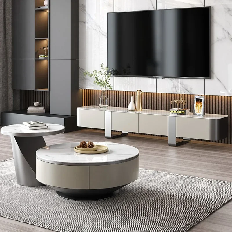 Italian light luxury rock slab coffee table modern simple small apartment living room size round tea table household TV