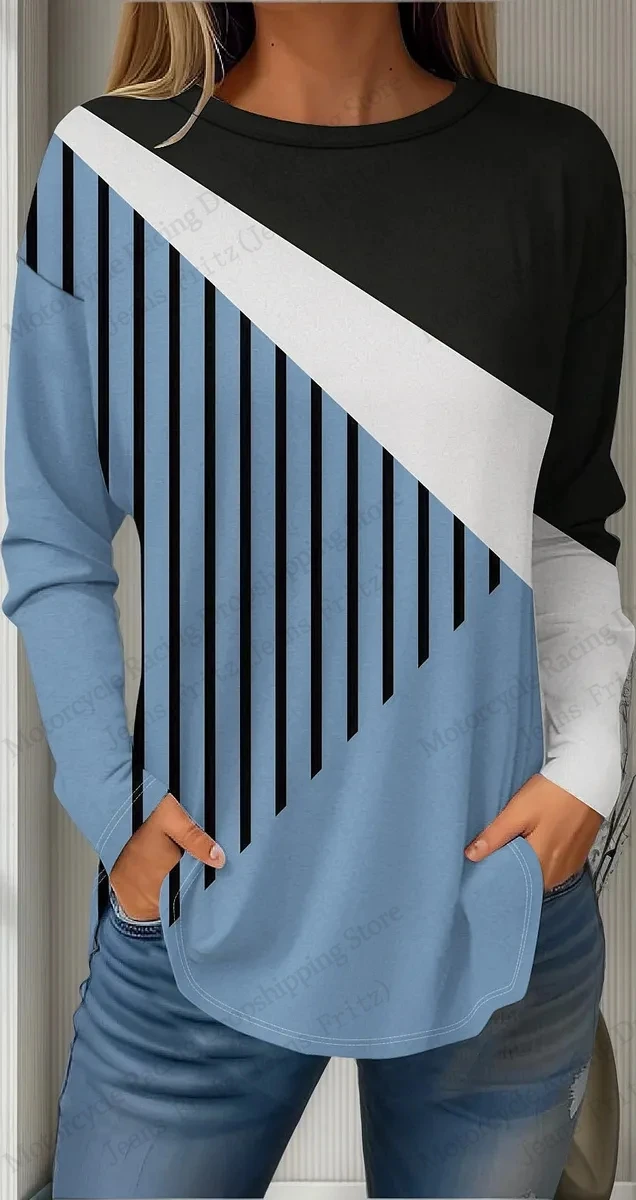 

Футболка с длинным рукавом в полоску с цветными блоками и 3d графическим принтом, женская модная повседневная футболка большого размера, женская футболка, топы с геометрическим рисунком, футболки