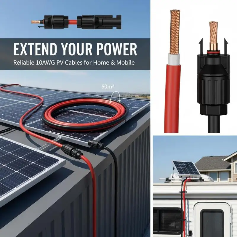 PV Extension Wire 10AWG For Home Ship RV, 100FT Black 100FT Red Male Female Connectors 6mm² Set of 2