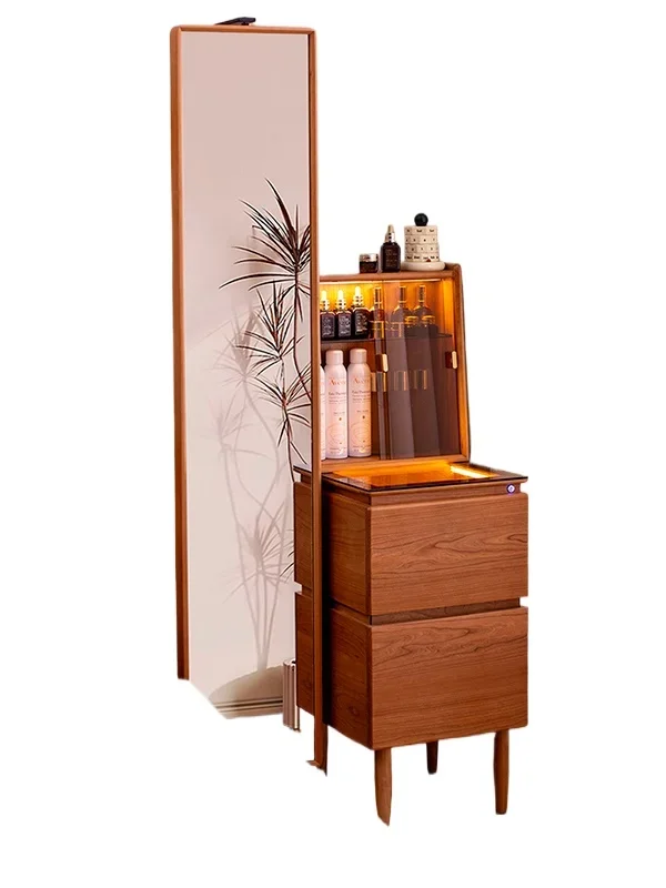 

Dresser with full-length mirror integrated bedroom cherry wood solid wood with lamp rotatable full body makeup table Japanese