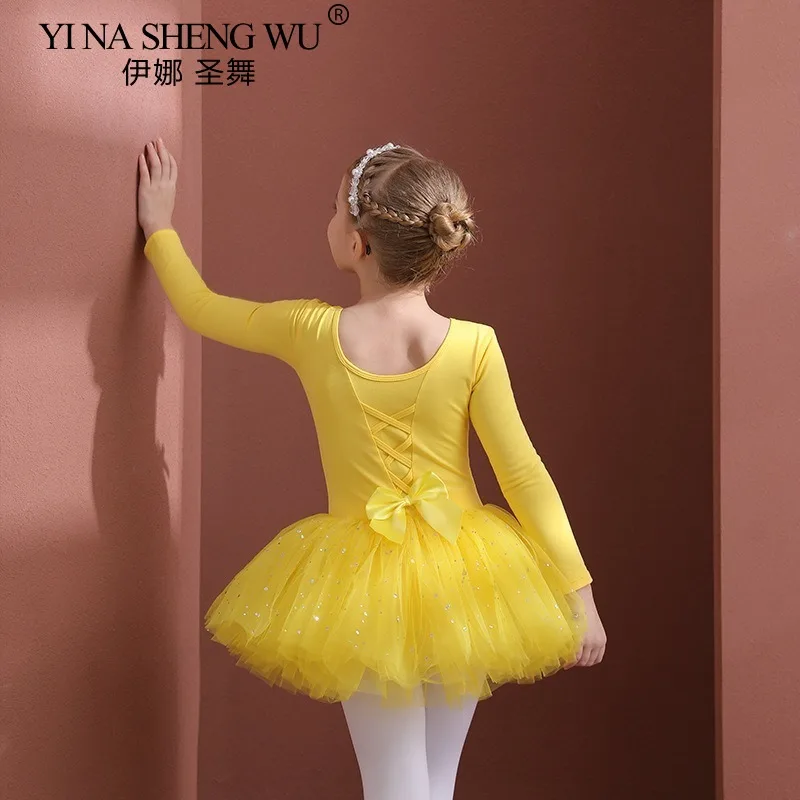 女の子のバレエダンスチュチュドレス長袖半袖チュールレオタードちょう結び付き体操パフォーマンス衣装子供ダンスウェア