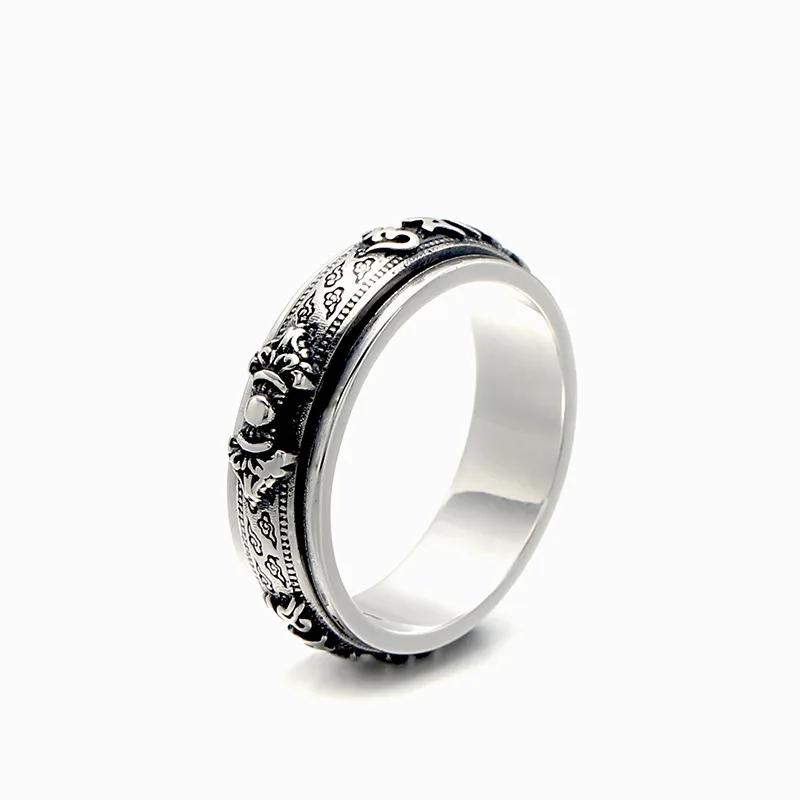 Six-character mantra s925 sterling silver rotating ring retrostylish thai silver retro distressed ring