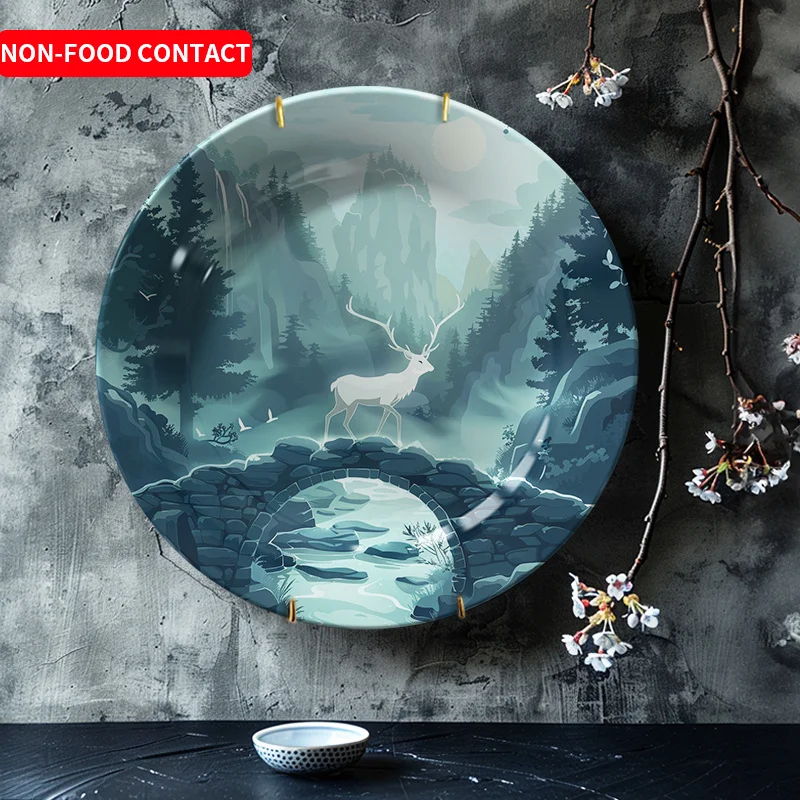 1pc Forest Deer Ceramic Decorative Plate - Nordic Style Non-Food Contact Art Piece, Round Nature-Inspired Design for Living