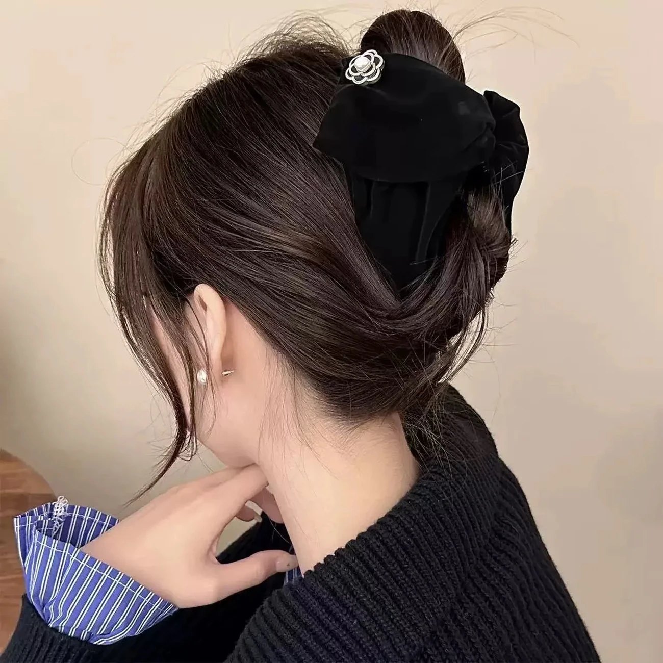 1 قطعة مشبك شعر مثلث كاميليا مخملي عتيق للنساء ، نمط راقي ، دبوس شعر خلفي للرأس ، إكسسوار شعر بمشبك قرش أوبدو #3