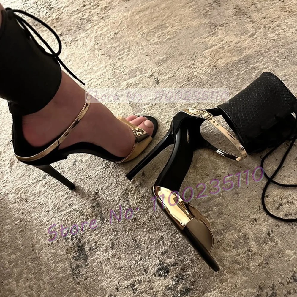 

Gold Strap Crocodile Gladiator Sandals Female Cross Tied Ankle Strap Women High Heels Party Sexy Mixed Color Buckle Strap Shoes