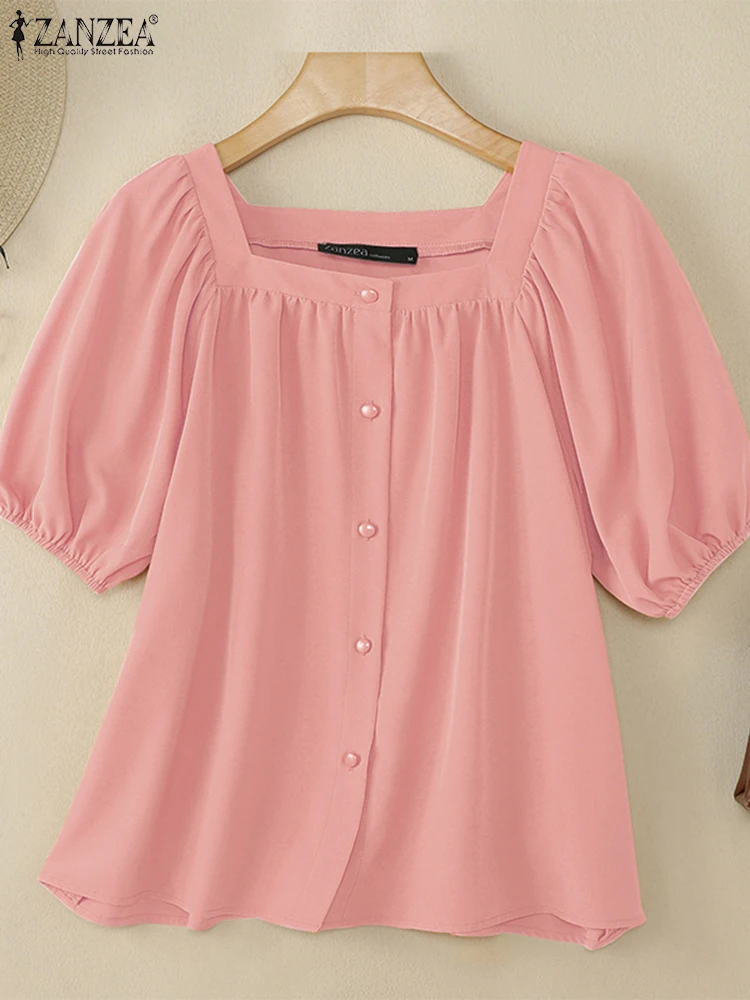 

Женские рубашки ZANZEA 2025, элегантная модная блузка с короткими пышными рукавами, сексуальный квадратный воротник, однотонные плиссированные пуговицы, офисная блузка