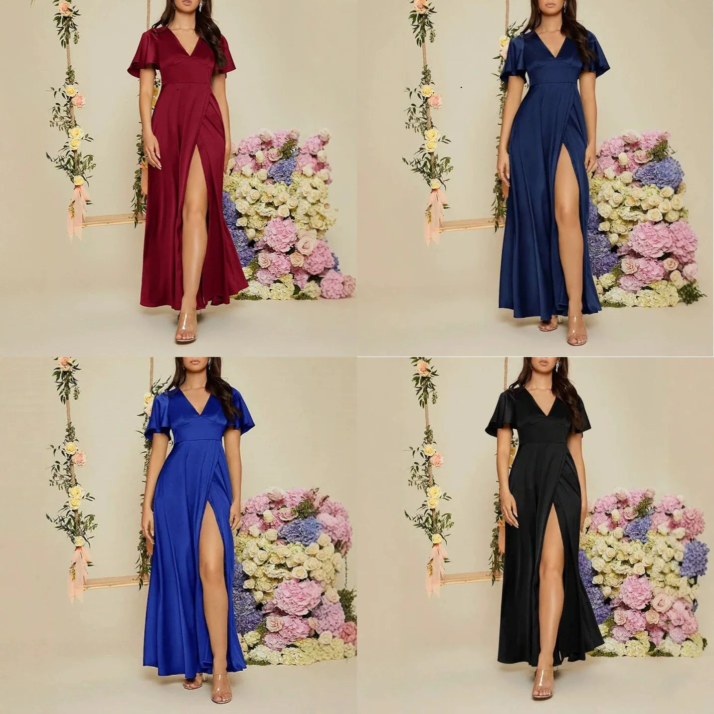 Spring Summer Women Evening Dress V Neck Short Sleeve High Waist Solid Party Gown Dresses Matching Set
