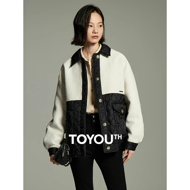 

Toyouth Women Thick Coat 2023 Winter Long Sleeve Polo Collar Loose Jacket Classic Contrasting Colors Elegant Fashion Outwear