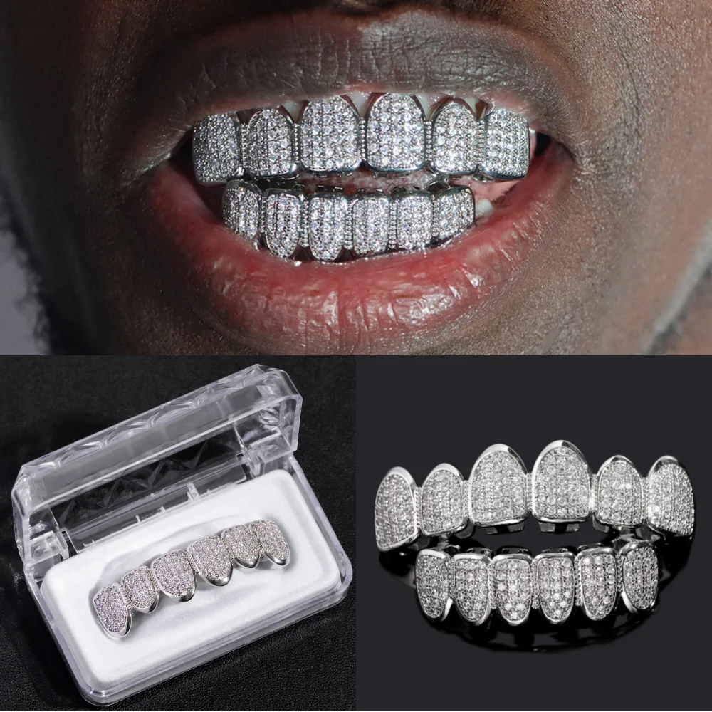 Fashion Paved Zircon Teeth Grillz Set For Men Bling Iced Out CZ Top & Bottom Grills Dental Teeth Hip Hop Cosplay Party Jewelry