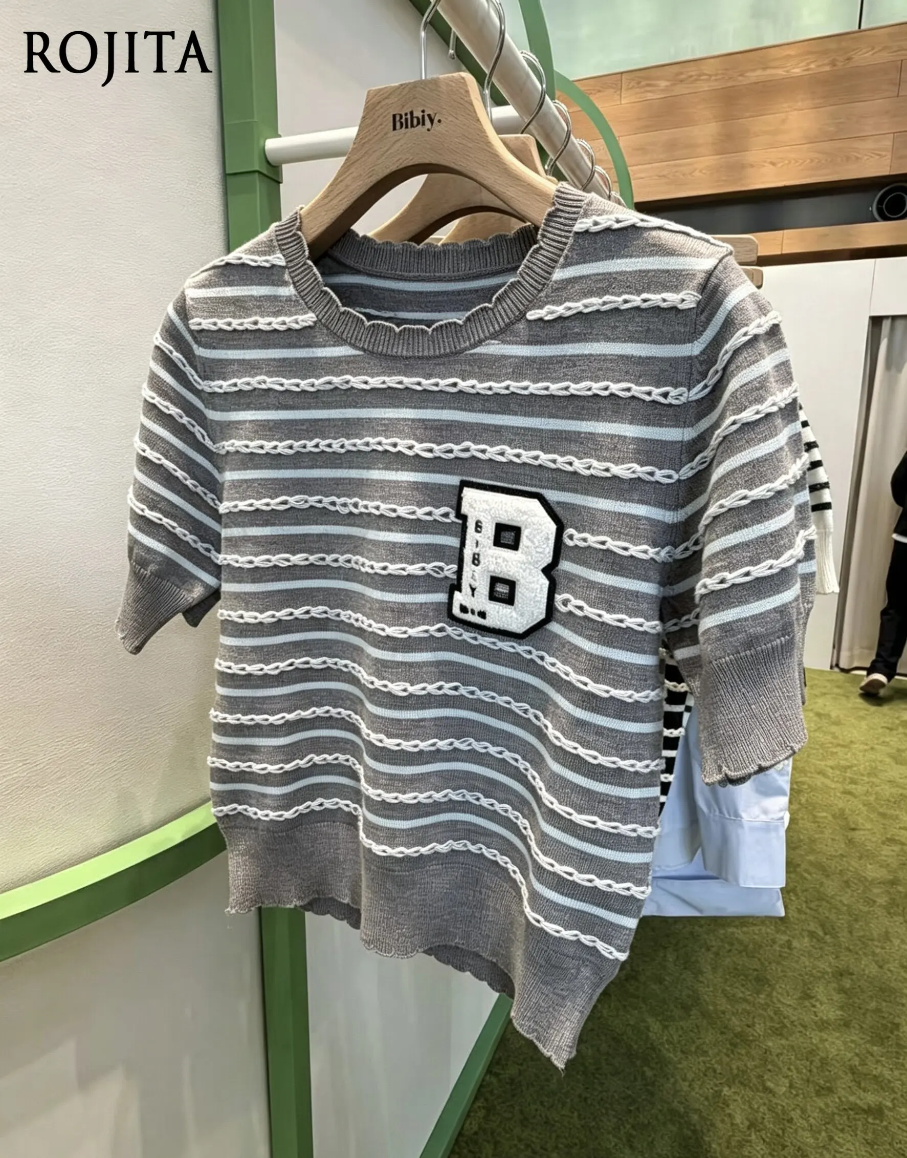 Japanese Striped Short-sleeve Knit Top for Women Soft Round Neck Letter Casual Short-sleeve Sweater Top Female Commuting Tshirt