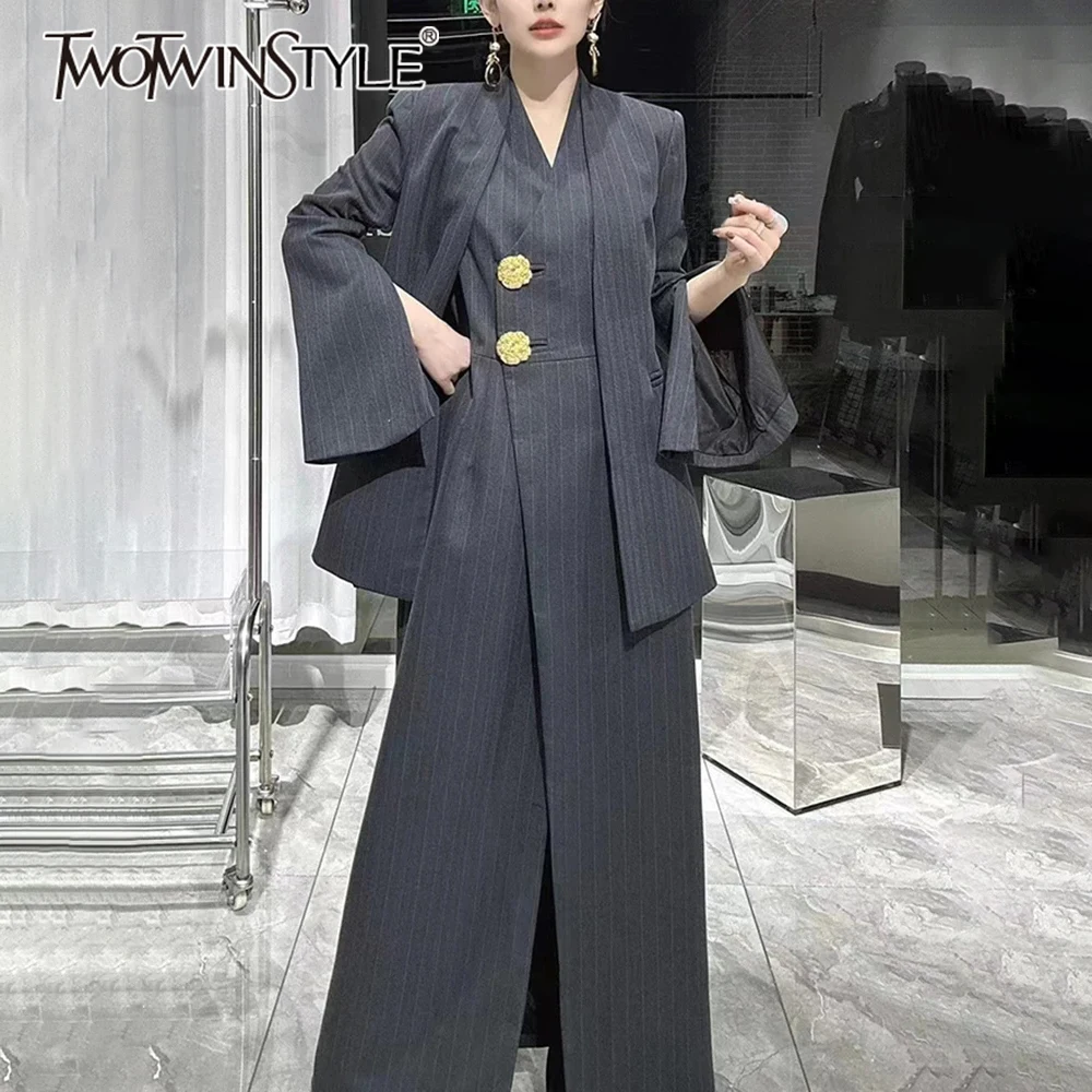 TWOTWINSTYLE Temperament Two Piece Set For Women Long Sleeve Spliced Pocket Coat V Neck Sleeveless High Wasit Dress Sets Female