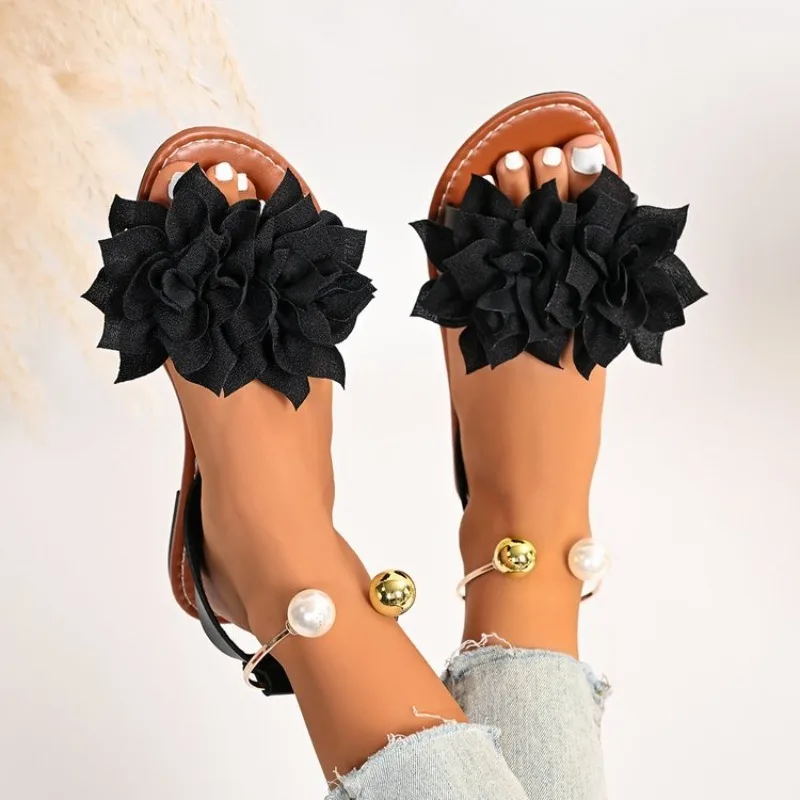 Women's Sweet Floral Flat Gladiator Sandals, Pearl‑Bell Ankle Strap Multi‑Color Casual Vacation Sandals Shoes