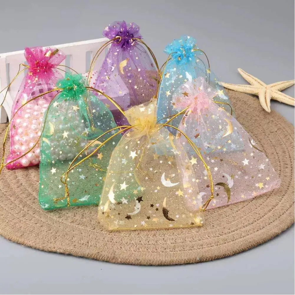 50PCS Moon Stars Drawstring Organza Bags Jewelry Gift Bags Pouches Gold Star Organza Favor Pouches for Christmas Wedding