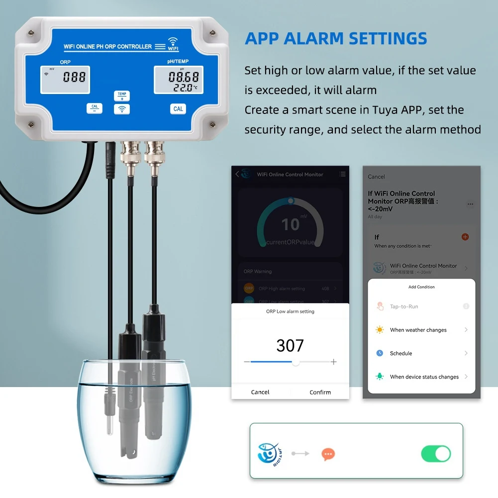 ABFKW W2839 3-In-1 WiFi Water Quality Detector PH/ORP/TEMP Electrode BNC Type Probe for Aquarium Hydroponics Monitor EU Plug