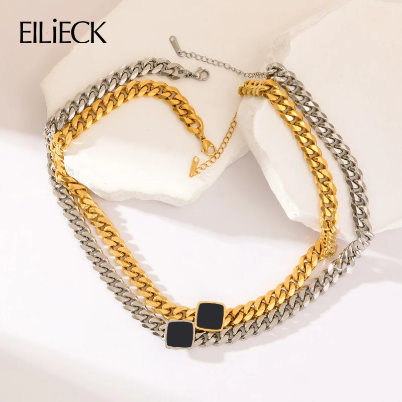 EILIECK 316L Stainless Steel Square Black Necklace For Women New Trendy Thick Neck Chain Waterproof Jewelry Gift Choker Collar