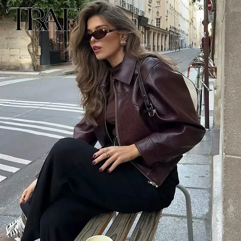 

TRAF Womens Jacket Outerwears Cropped Faux Leather Jacket Autumn Long Sleeve Burgundy Bomber Jackets Casual Zipper Short Jacket