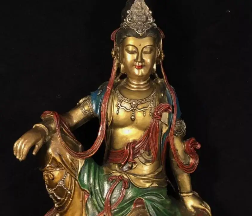 Ancient China Buddhism temple bronze Gilt painted Kwan-Yin GuanYin Buddha statue