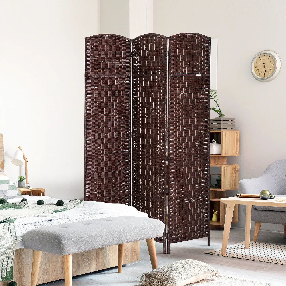 6' Tall Wicker Weave 3 Panel Room Divider Privacy Screen - Brown