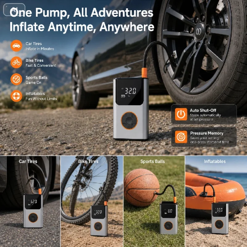 Mini Car Electric Air Pump Portable Wireless Charge Car Pump Tire Inflator Air Compressor Suitable for Car Motorcycle Bike Ball