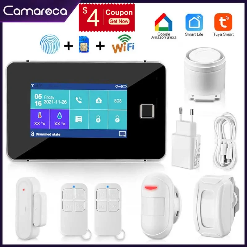 Camaroca Tuya WiFi Alarm System GSM Smart Home Security Wireless Sensor Touch Screen Fingerprint Alarm Kit Works With Alexa