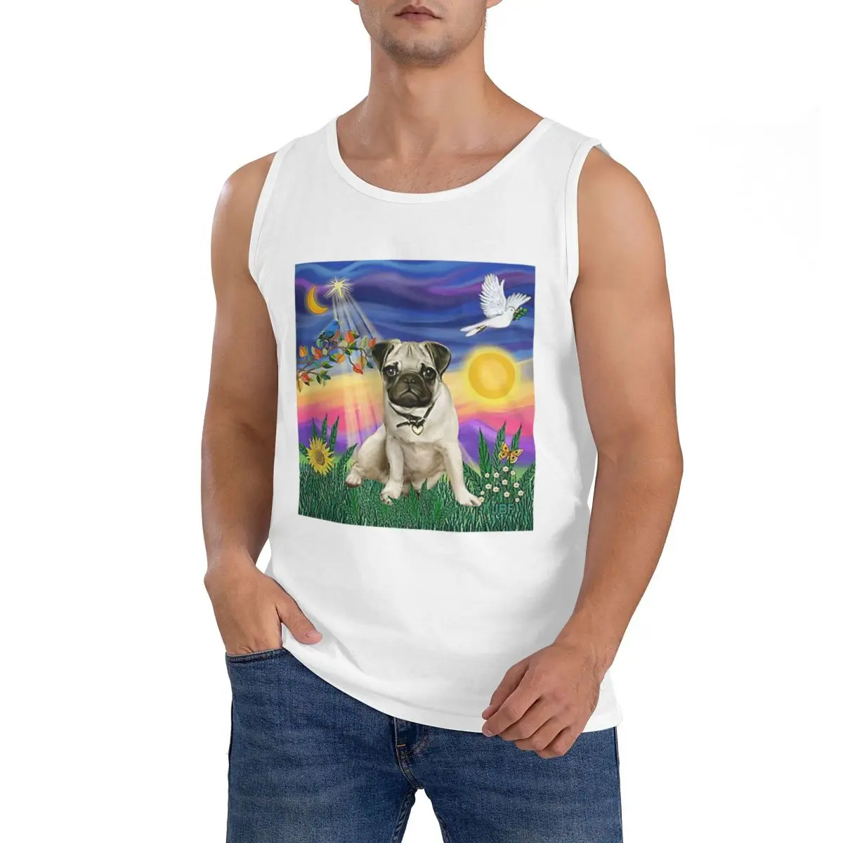 100% Cotton Twilight With A Pug Sleeveless T-Shirt Men Workout Sports Clothing Tops Men's Crew Neck Vest