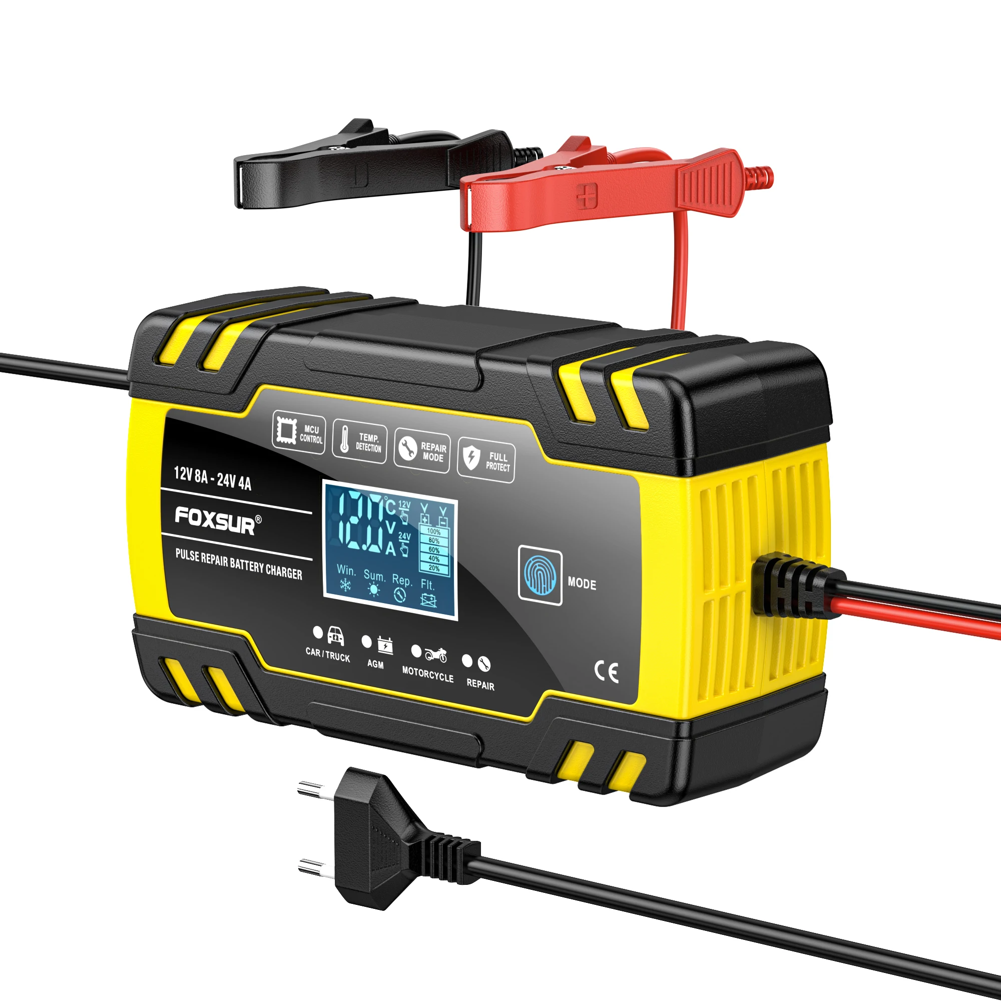 12V 8A/24V 4A nabíječka autobaterií s automatickým startem a rychlonabíječkou pro použití s AGM olověnými gelovými bateriemi s hlubokým cyklem pro automobily, motocykly, nákladní automobily - náhled 3