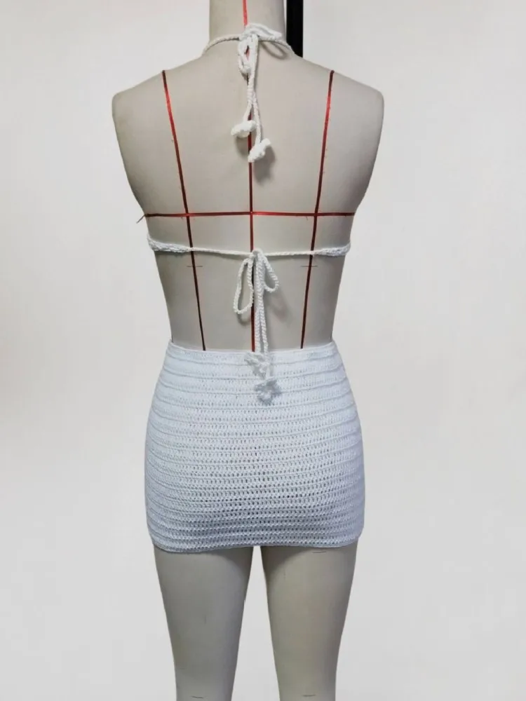 Conjunto de 2 piezas de falda para traje de baño, Tops cortos y minifalda para mujer, traje de baño a la moda, liso, calado, Sexy, para cubrir la playa