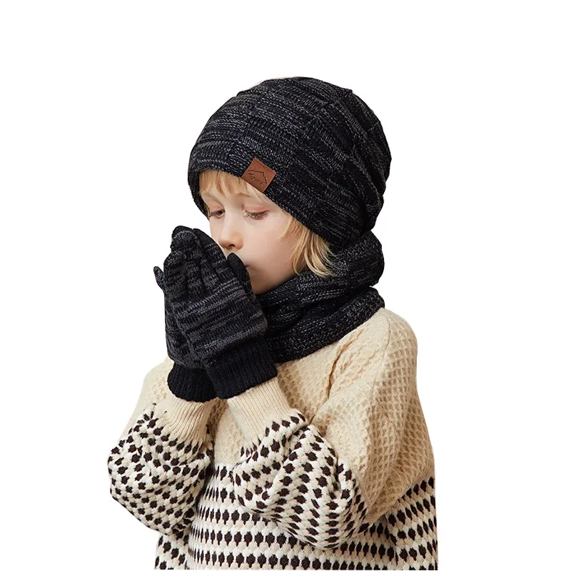 Conjunto de gorro y bufanda para niños y niñas, protección cálida para los oídos, gorro de punto de felpa, bufanda de redecilla, guantes para niños,