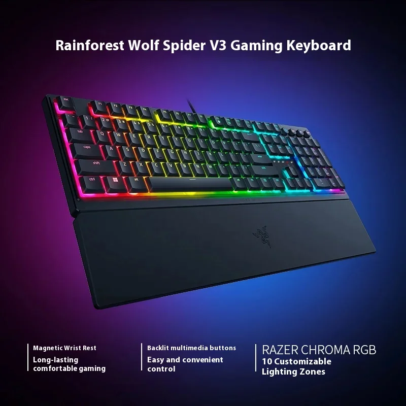 لوحة مفاتيح سلكية من سلسلة Razer Rainforest Wolf Spider V3، مفاتيح ميكانيكية خفيفة الوزن، كمبيوتر ألعاب، لوحة مفاتيح RGB بإضاءة خلفية