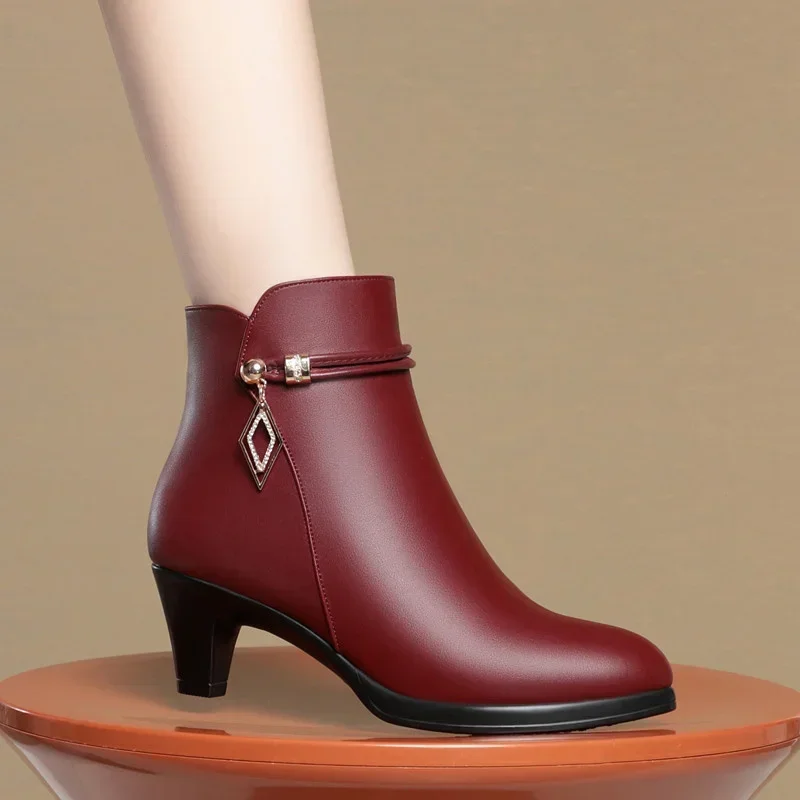 Comfort Fashion Soft Leather Winter Shoes Platform Boots 2024 Elegant Black Block High Heels Ankle Office Mom Boots