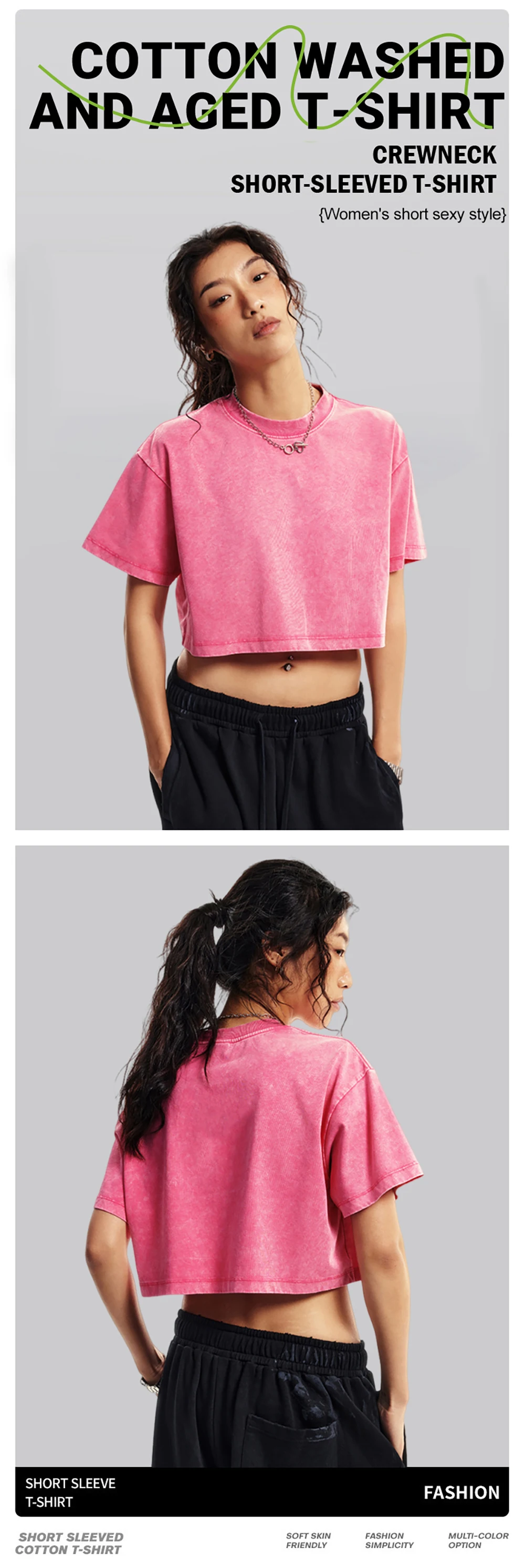Hip-Hop-Mode, schlichtes Crop-Top für Damen, gewaschene Baumwolle, bequem, kurzärmelig, sportlich, weich, Y2K-Streetwear, jugendlich, Retro, All-Match-T-Shirts – Detail 1