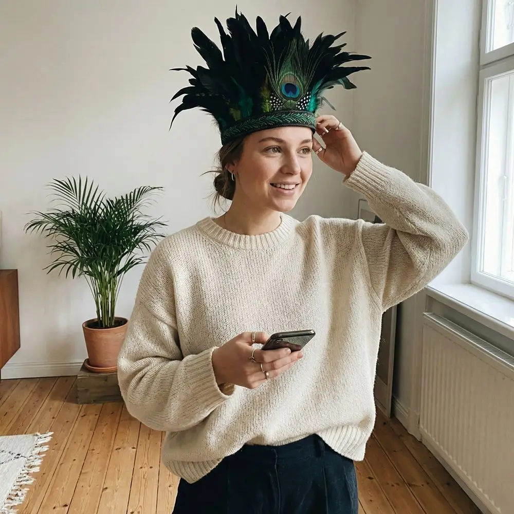 

Красочный индийский головной убор из перьев, аксессуар для волос, индийская повязка на голову с ремешком, фасинатор, головной убор для костюма павлина, для выступлений