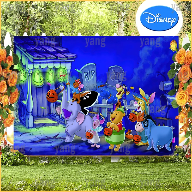 Disney Cartoon Halloween Party Decoratie Iejoor Winnie Beer Tigger Knorretje Eeyore Pompoen Blauw Foto Achtergrond Achtergrond Banner